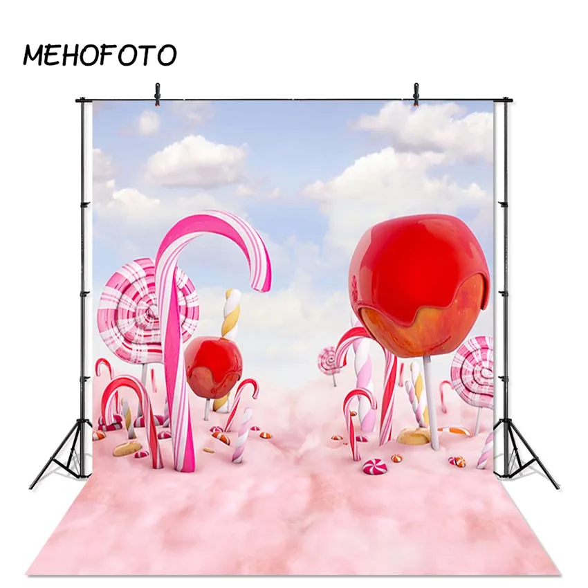 

Candy World Backdrops Pink Lollipop Clouds Photography Backdrops Baby Birthday Photo Booth Background for Photo Studio
