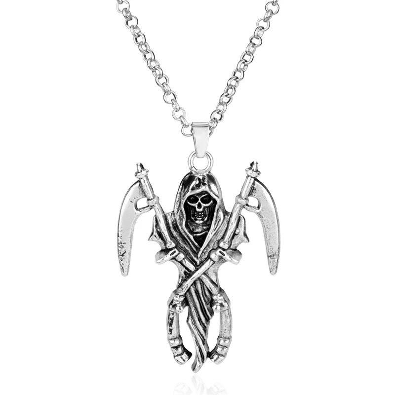 Punk Devils Skeleton With Death Scythe Skeleton Necklace Cool Men Pendant Vintage Silver Color Jewelry Halloween Gift