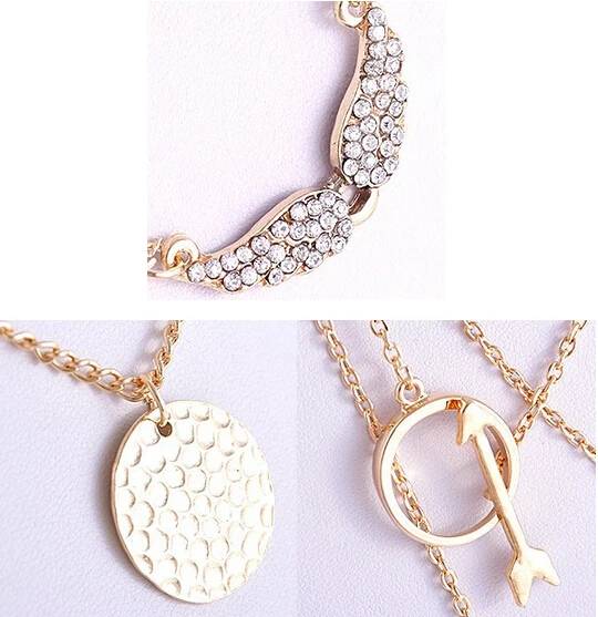 Новый дизайн панк золотые стразы крылья ангела стрелы диск круглые ожерелья