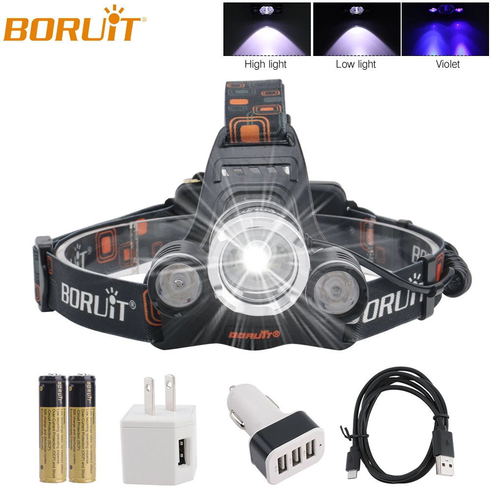 BORUiT USB Перезаряжаемый XML T6 светодиодный налобный фонарь 395nm УФ-фонарик водонепроницаемый кемпинг охота Скорпион фиолетовый Головной фонарь