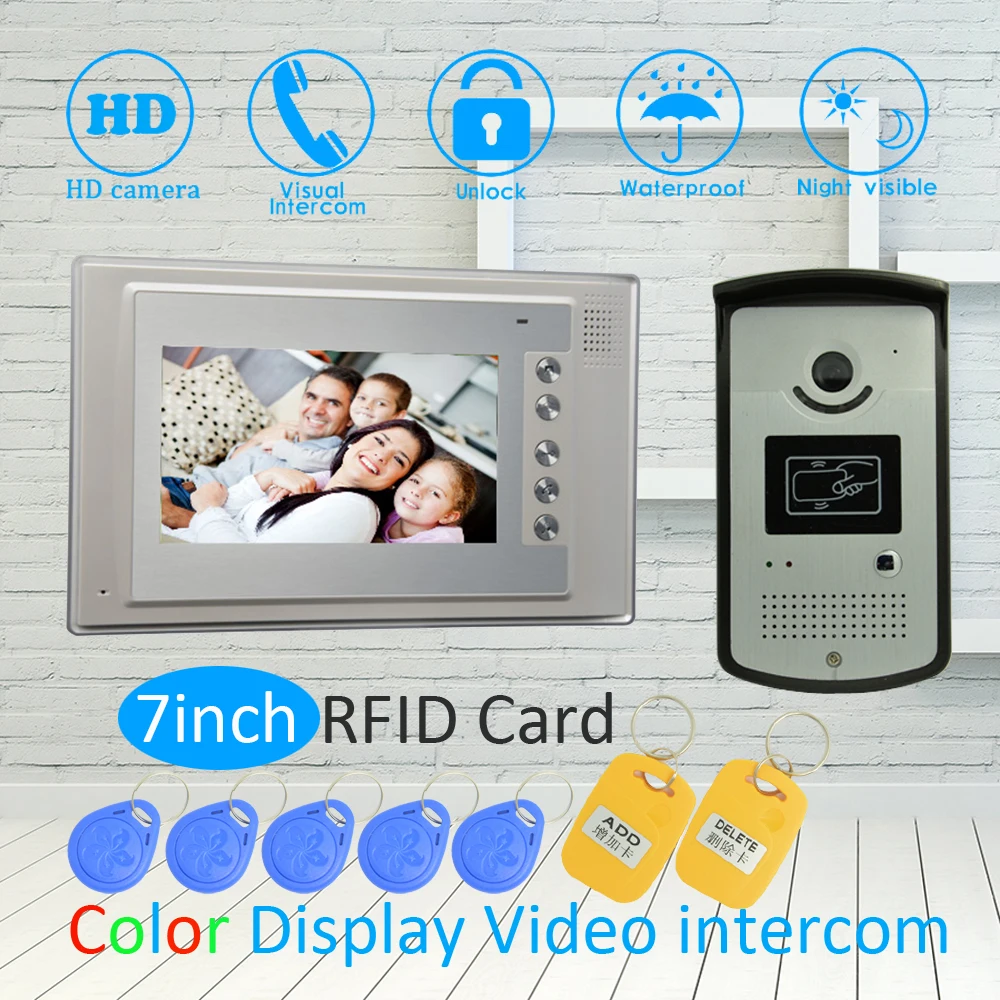 

(1 SET) 7" Monitor Video Door Phone TFT-LCD Color Screen Security System Doorbell RFID Card Door Release Unlock Audio Talkback