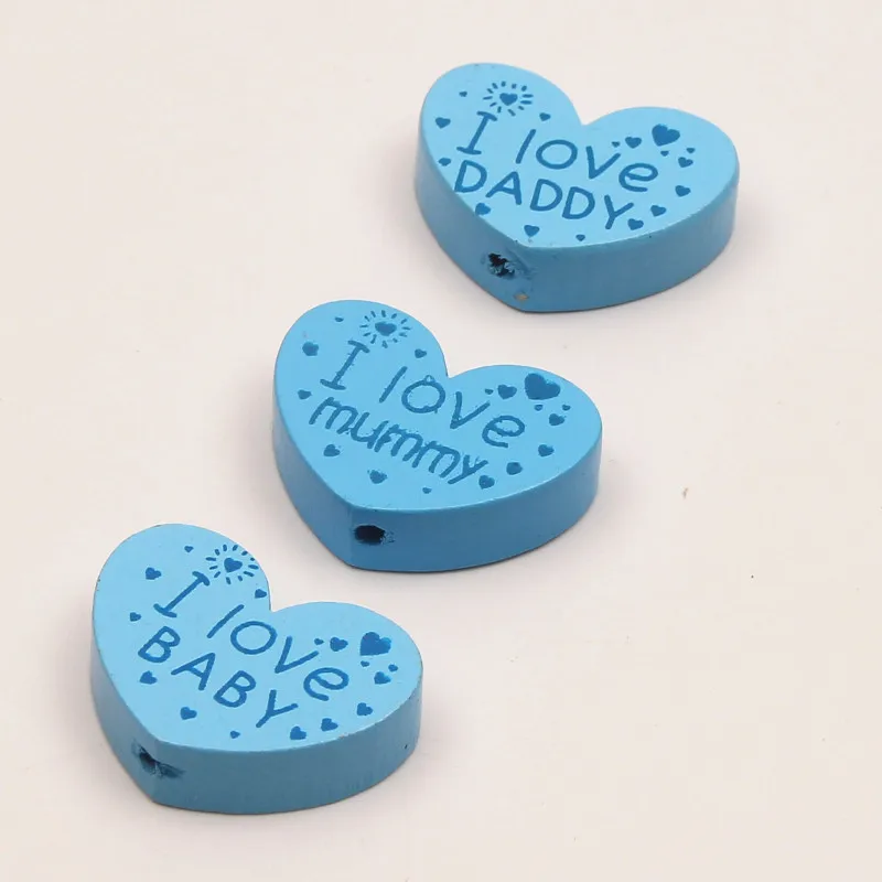 Sky Blue DIY 10 шт.(I Love BABY/mummy/DADDY) бусины из натурального дерева в форме сердца для детей, ювелирные изделия, пустышка, зажим 23x29 мм - Цвет: Sky Blue