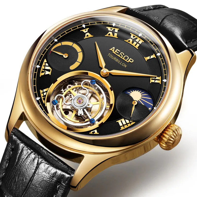 Мужские механические часы Moon Phase Tourbillon от ведущего бренда, роскошные часы с сапфировым циферблатом, часы с настоящим Tourbillon, мужские часы s relogio masculino - Цвет: Black  gold