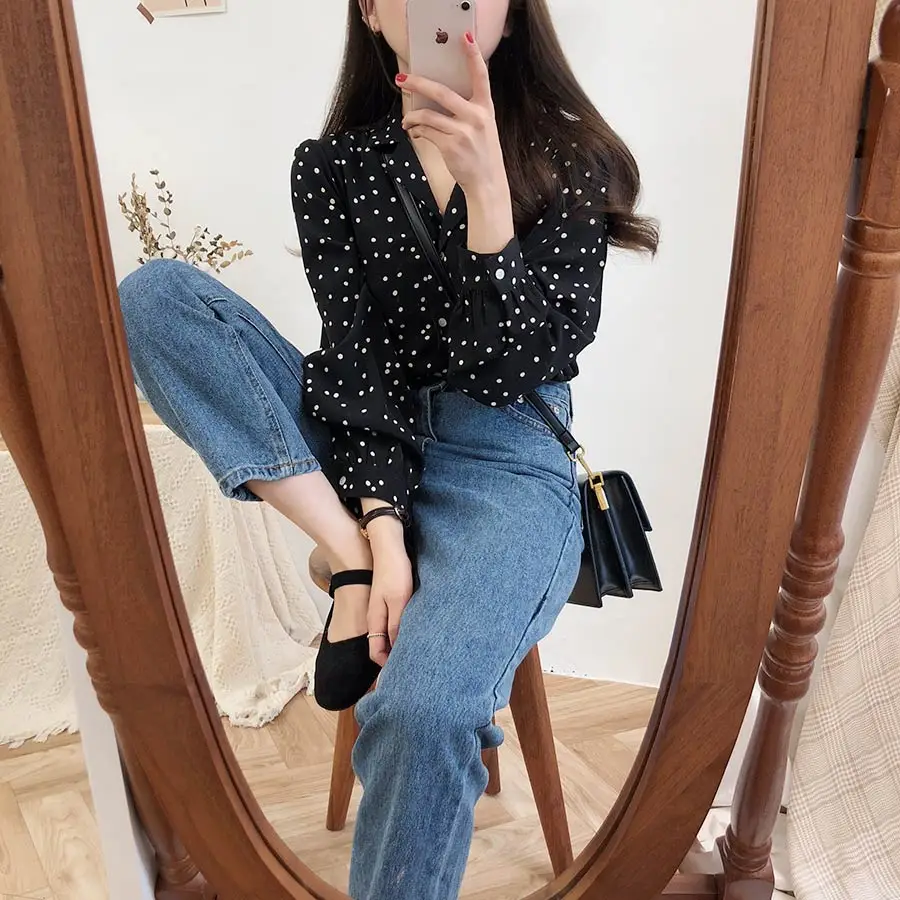 S-XL, весенние женские повседневные рубашки с принтом, свободные, с длинным рукавом, в стиле пэчворк, женские блузки в горошек, женский топ, vetement femme