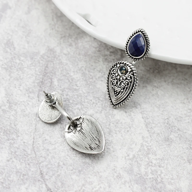 Серьги в богемном стиле с синим камнем серебряные серьги выгравированным