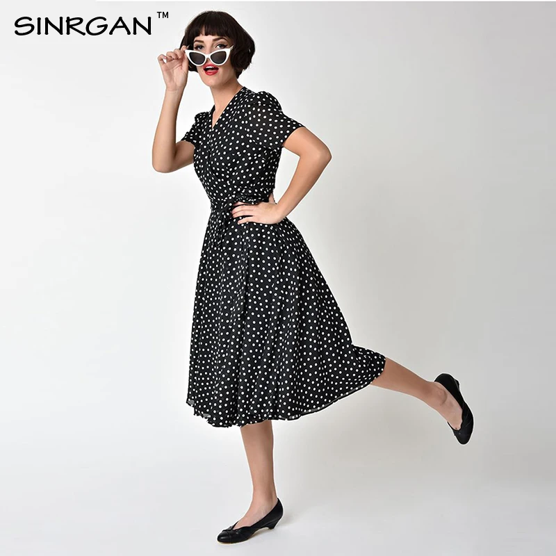 SINRGAN черный горошек печати зимнее платье vestidos v образным вырезом винтаж line роба