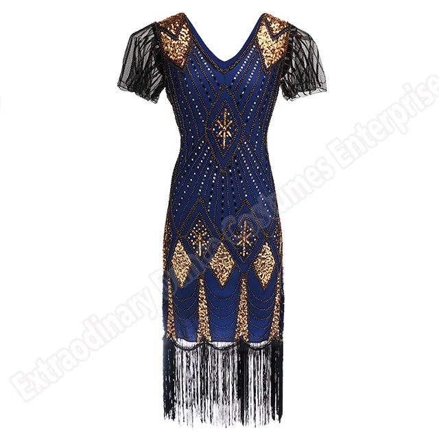 Blue And Golden Платье Грейт Гэтсби, женское, 1920 s, Ретро стиль, с блестками, арт-деко, двойное, Хлопушки, платья, Винтаж, v-образный вырез, вечерние платья, украшенные бахромой - Цвет: Blue And Golden