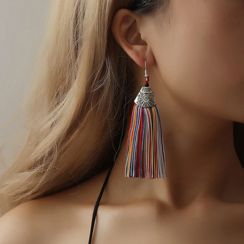 

Bohemia Style Long Tassels Fish Mouth Dance Blue Red Black White Yellow Green Drop Earrings Dangle Earrings For Women