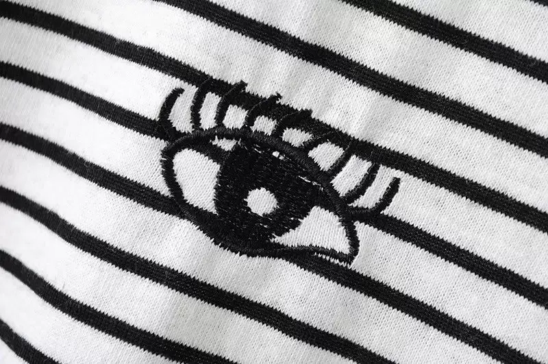 Fashion Brand New Women Cotton Striped Tee Shirts O-neck Casual Ladies T-shirt with Embroidered Eyes Leisure Vestidos | Женская одежда