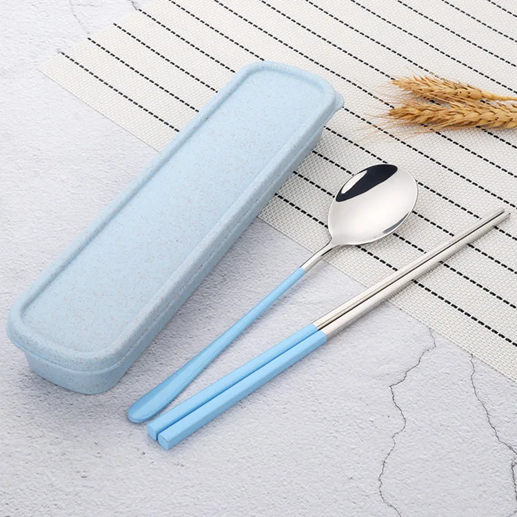 Blue Set Черный 18/8 нержавеющая сталь еда палочки для еды ложка набор с длинной ручкой плоские Нескользящие палочки для еды набор столовых приборов путешествия с портативной коробкой - Цвет: Blue Set