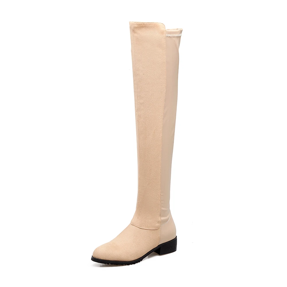 apricot 2 thin fur BONJOMARISA/ г. Новые Элегантные Осенние ботфорты, Размеры 33-46 пикантные женские высокие сапоги из флока женская обувь на низком каблуке - Цвет: apricot 2 thin fur