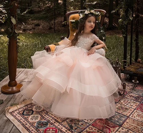 Розовый Vestido Comunion/детские шикарные Бальные платья; Платья с цветочным узором для девочек; Пышные Многослойные платья с открытой спиной и рукавами-крылышками - Цвет: Розовый