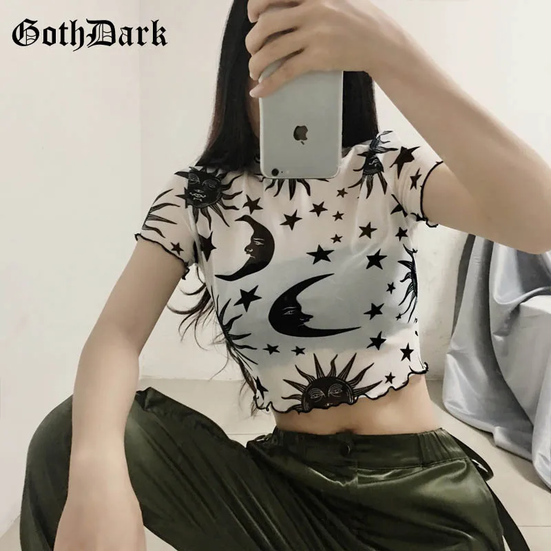 white Женская блуза до пупка Goth Dark, готическая футболка с принтом, сексуальная блузка в сеточку с оборками, в стиле Харадзюку - Цвет: white