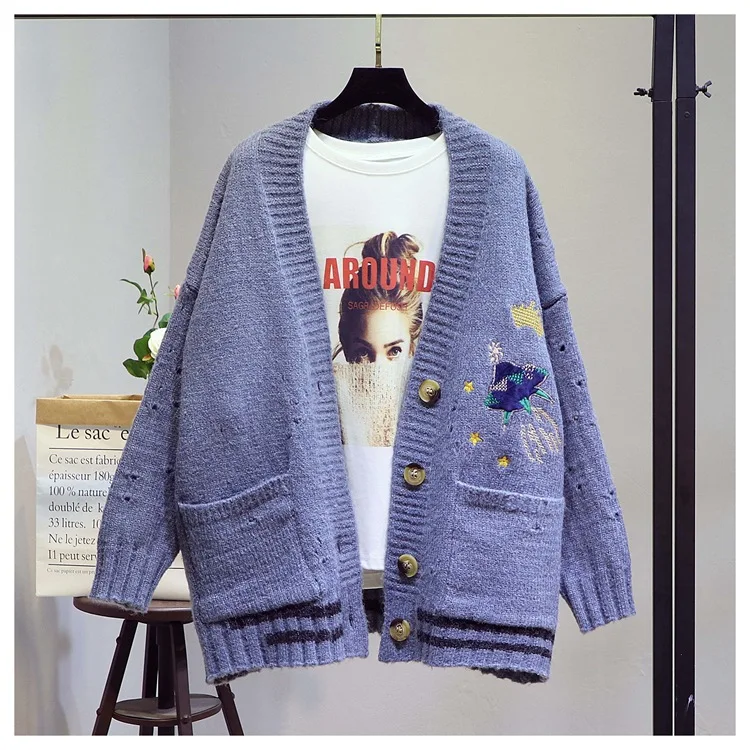 LM8709 Blue HSA осень зима женский свитер кардиганы с мультяшной вышивкой кардиганы Пончо однобортный вязаный свитер Харадзюку Топ - Цвет: LM8709 Blue