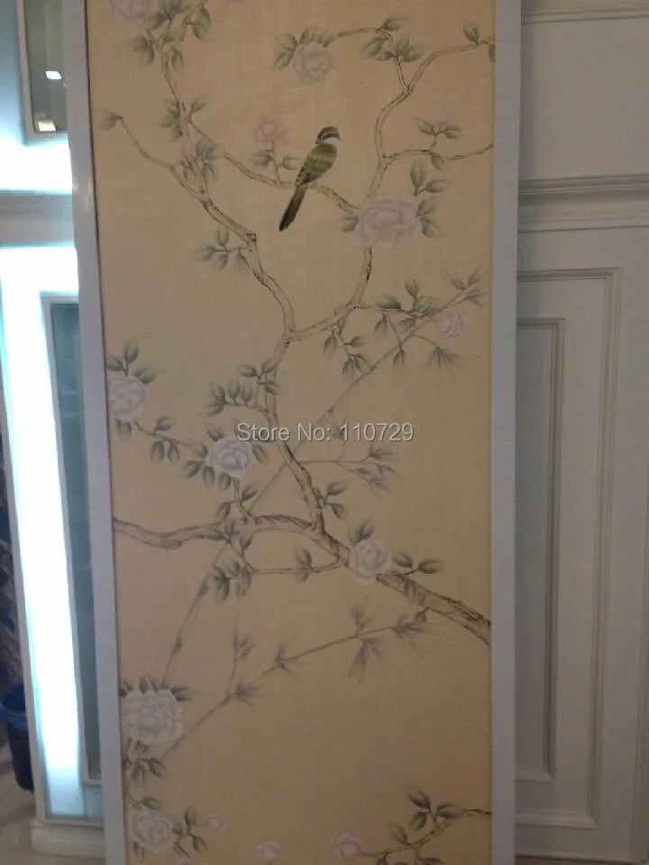 Шелковые обои с ручной росписью цветы птицами ручная роспись