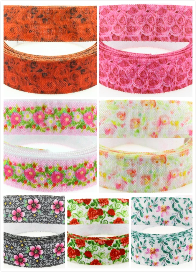 

5/8"16mm Flora Series Red Rose Pretty Flower Patterns Printed Fold Over Elastic Ribbon Hair Band Making 50yards/roll