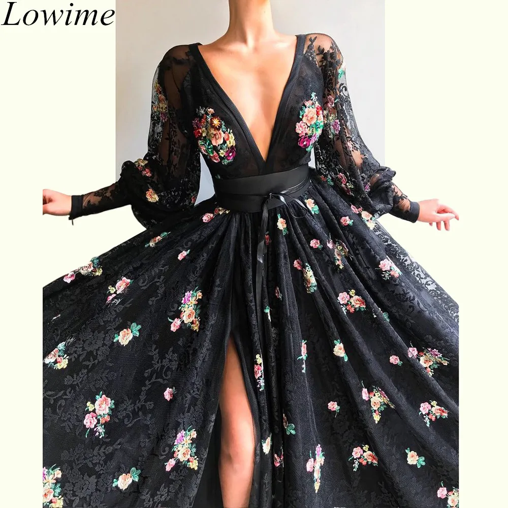 Черные кружевные вечерние платья трапециевидные с глубоким V образным вырезом