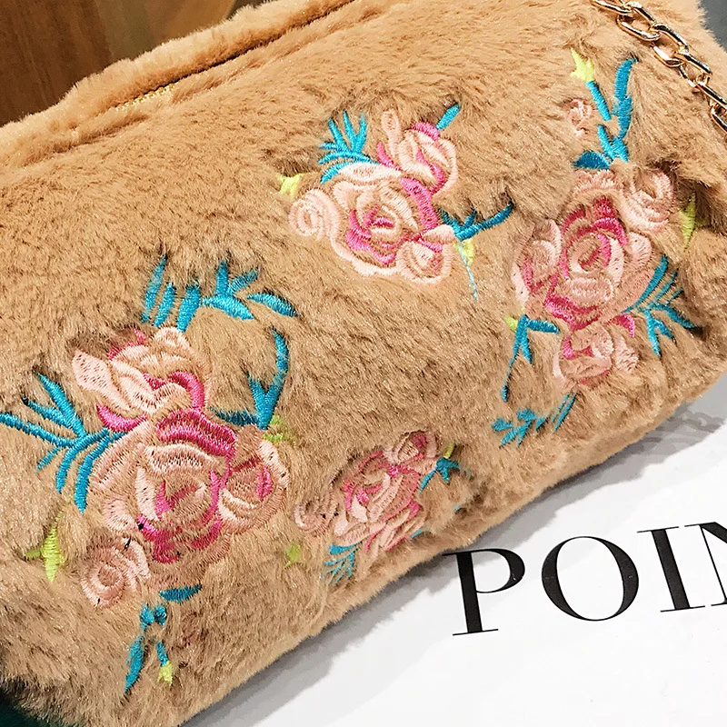 Plush Embroidery Evening bag Vintage Fur ball Barrel Shaped Handbag Chain Lady Fashion Crossbody Bag Women Famous Shoulder | Багаж и сумки