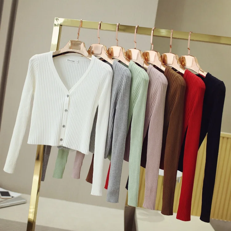 Женский Однотонный свитер с длинным рукавом и V образным вырезом|short cardigan|cardigan