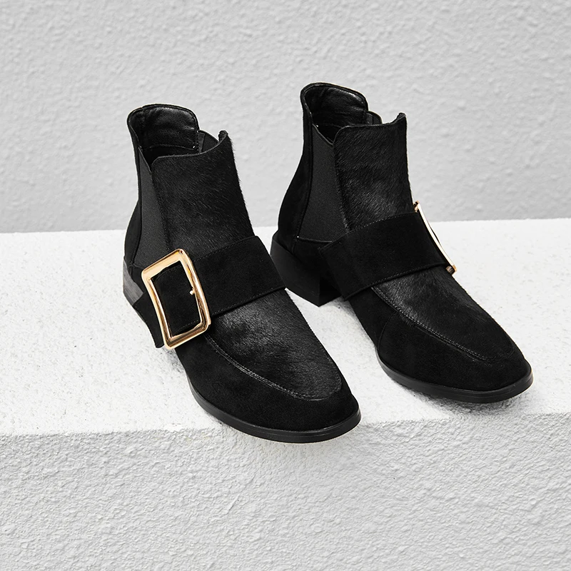 Women's Genuine Leather Metal Buckle Slip-on Autumn Ankle Boots Brand Designer Horsehair Punk Short Booties Winter Shoes Women | Обувь