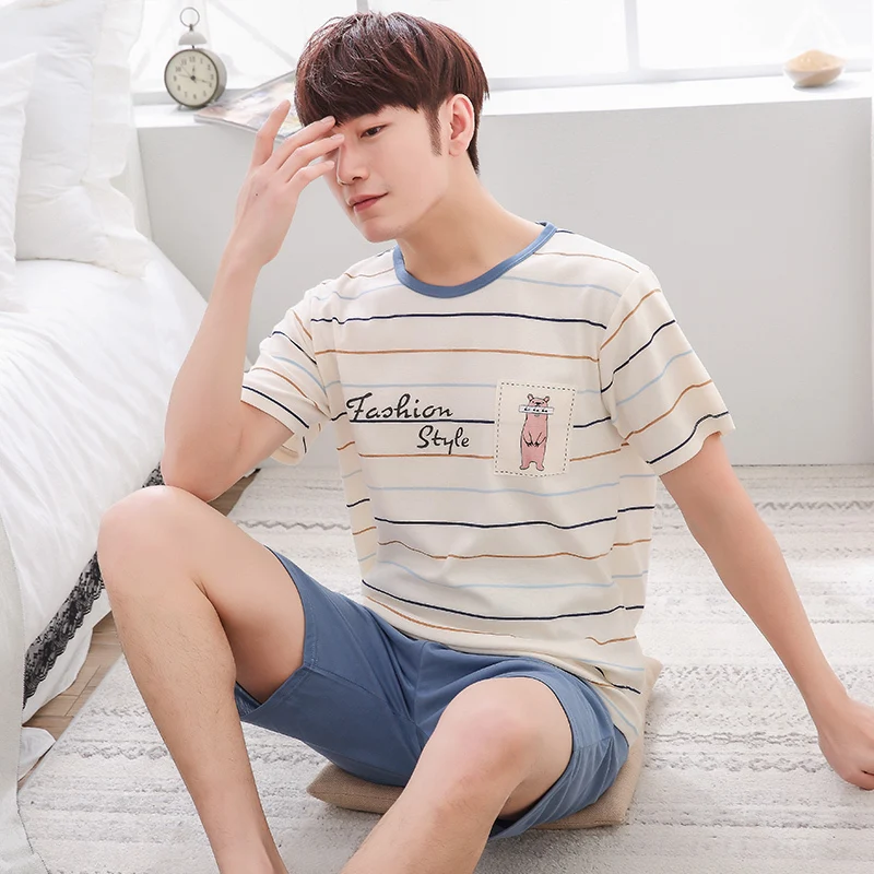 Men pajama Летний мужской пижамный комплект, Хлопковая полосатая рубашка для сна и шорты, костюм, пижамы с принтом букв домашняя пижама, повседневный комплект из двух предметов, XXXL - Цвет: Men pajama