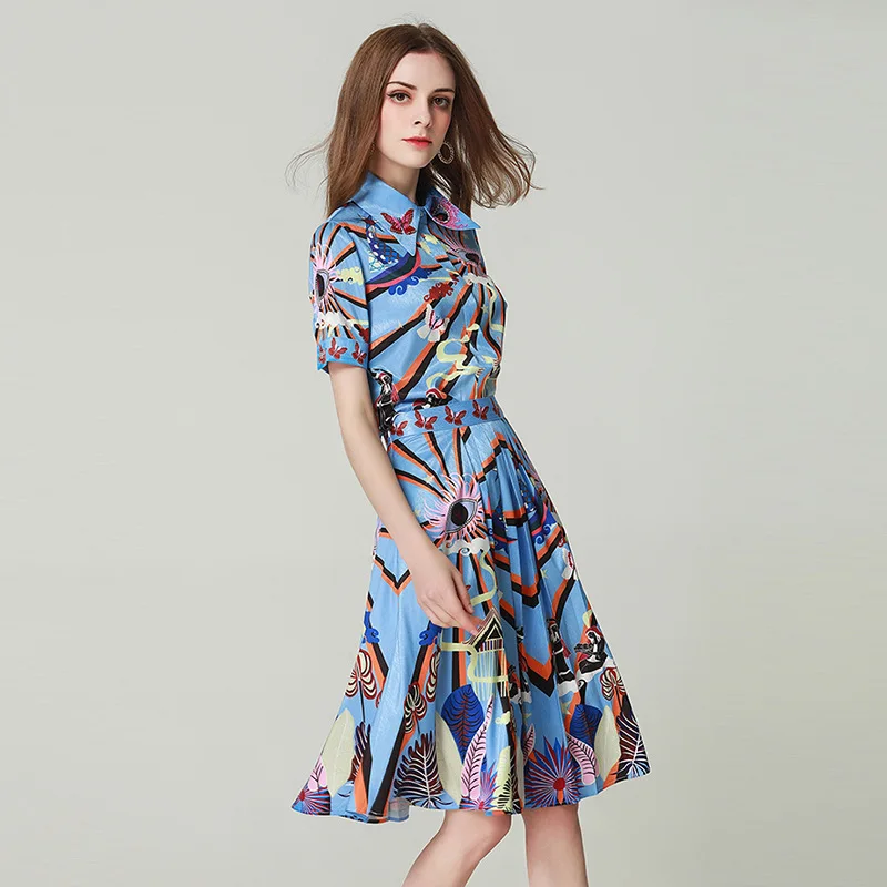 

summer women suits sets 2019 new arrival high-quality turn-down collar short sleeves t shirt+midi-length pleated skirt Spring