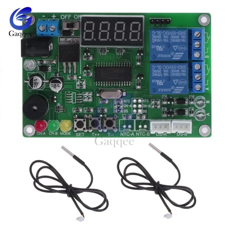 DC 5-24V 12V 2-CH Высокоточный светодиодный цифровой дисплей интеллектуальный регулятор температуры Термостат Термометр с 2 зондом