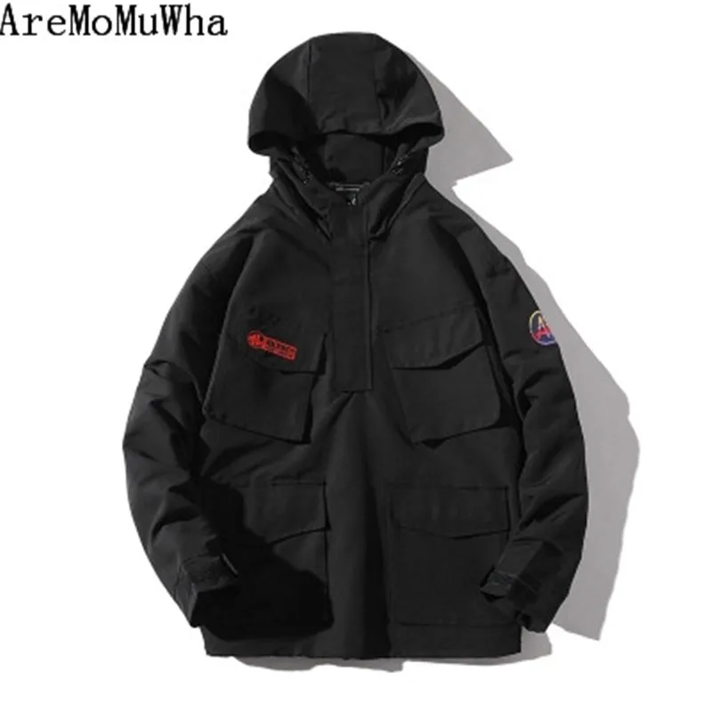 

AreMoMuWha Autumn and winter new style Men's Retro Tooling Jacket Multi-pocket Hooded Jacket Japanese Sticker Sweatshirts QX135