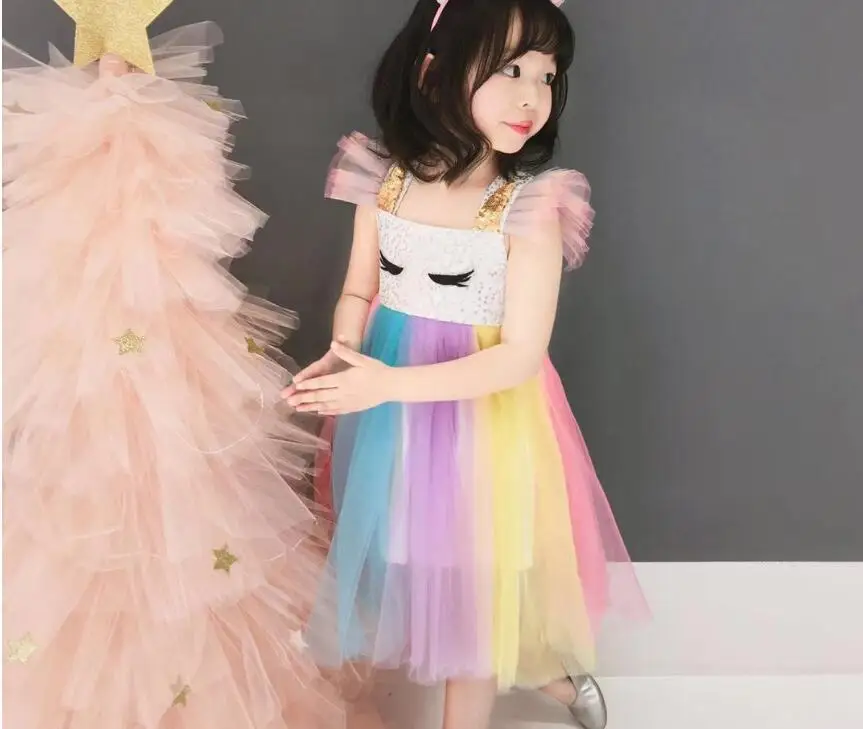 New 2019 Fairy Sequined Rainbow Mesh Unicorn Dresses For Kids Baby Girls Cute Cosplay Clothing 5 pcs/lot Wholesale | Детская одежда и