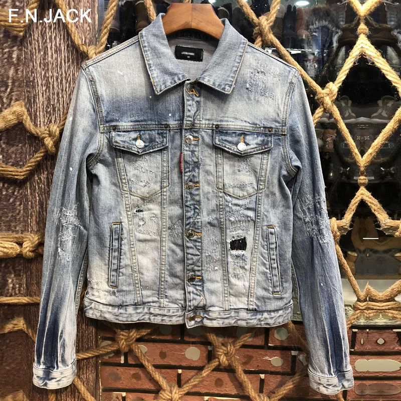 F. N. JACK Hi Street мужские джинсовые куртки вымытые Лоскутные эластичные облегающие