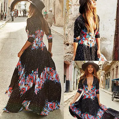 Повседневные женские платья с длинным рукавом Boho Maxi пляжные v-образным вырезом