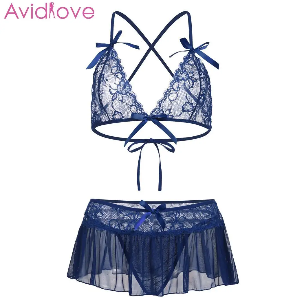 Blue Avidlove Babydoll, сексуальное женское нижнее белье, набор, женское, сексуальное, на бретельках, кружевное, цветочное, прозрачное, кружевное, с бантом, белье, пижама, стринги - Цвет: Blue