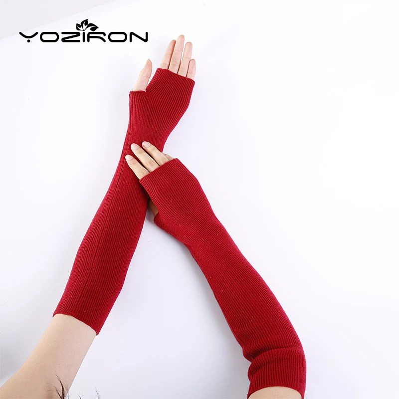 

YOZIRON New Fashion Winter Cashmere Long Fingerless Gloves For Women Spring Autumn Warm Adult Ladies Mittens Red Arm Warmers