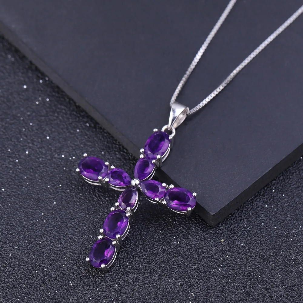 GEM'S балетные 925 пробы серебряные ювелирные изделия 5.59Ct натуральный аметистовый драгоченный камень крест кулон ожерелье для женщин