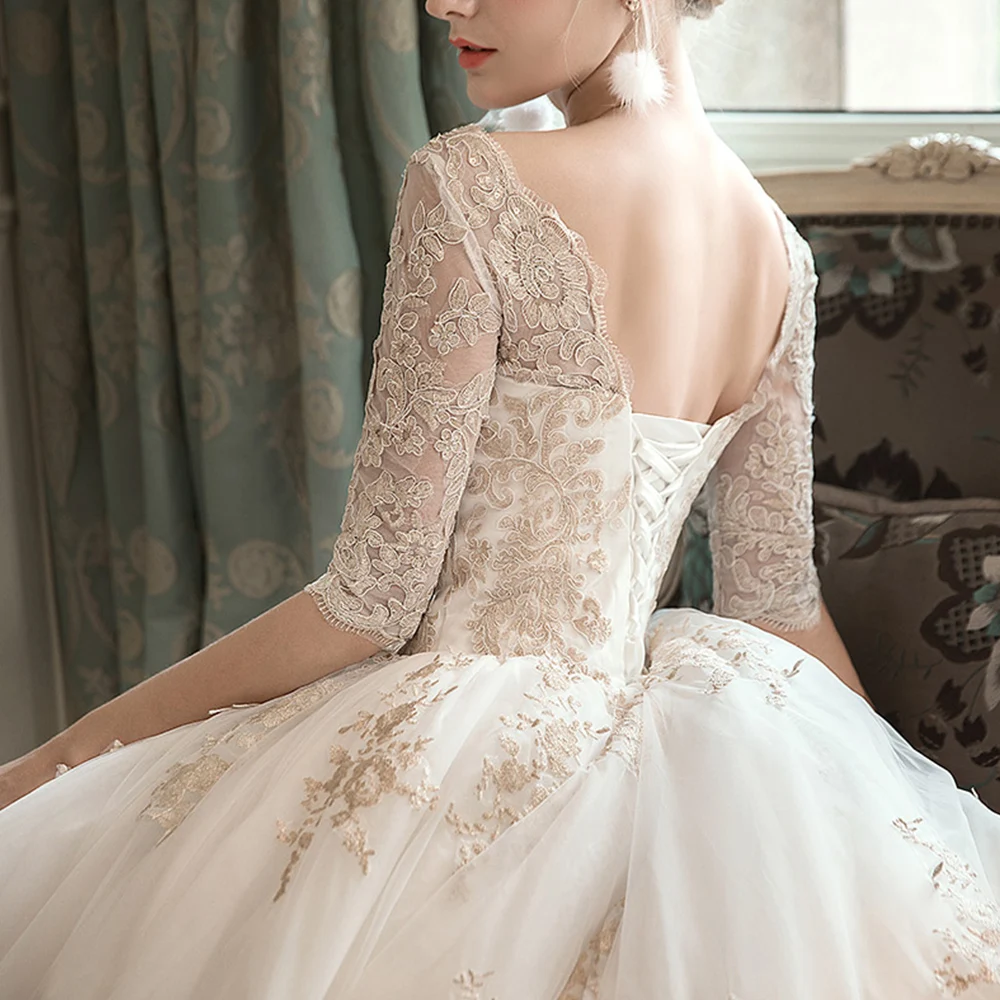 Robe Mariage Femme China Custom Made Lace Up Half Sleeve Gold Appliques Ivory Ball Gown Wedding Dress Plus Size Trajes De Novia | Свадьбы и
