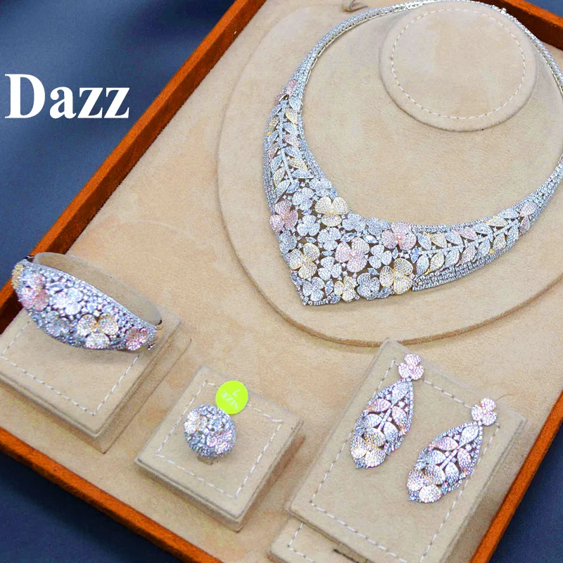 

Dazz Gold Color Nigeria Jewelry Set luxury Necklace Earrings Bangle Ring CZ Zircon Bride Women Wedding Engagement Best Gift 2019