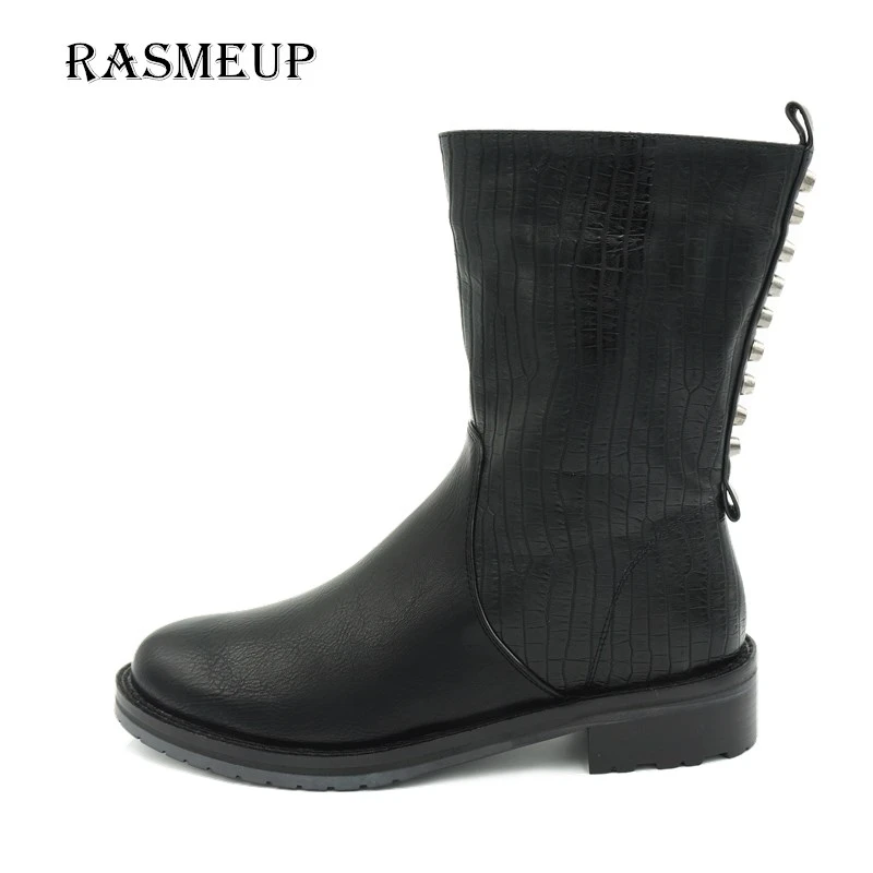 RASMEUP/кожаные женские мотоциклетные ботинки с заклепками Модные до середины икры