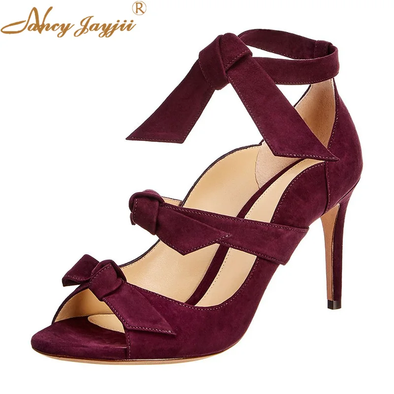 

Women Sandals Ladies Shoes Flock solid Butterfly-knot Super High Thin heel Ankle Strap Sweet Party Wedding Leisure Fashion 2019