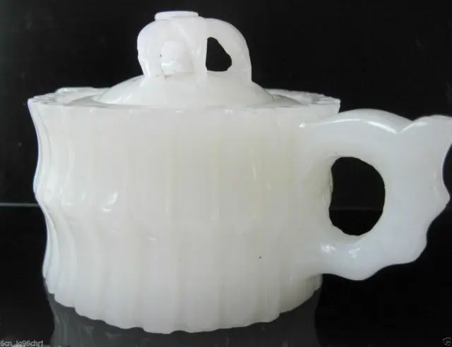 

Chinese 100% Natural White Jade Hand-Carved Bamboo Teapot & 4 Cups NR