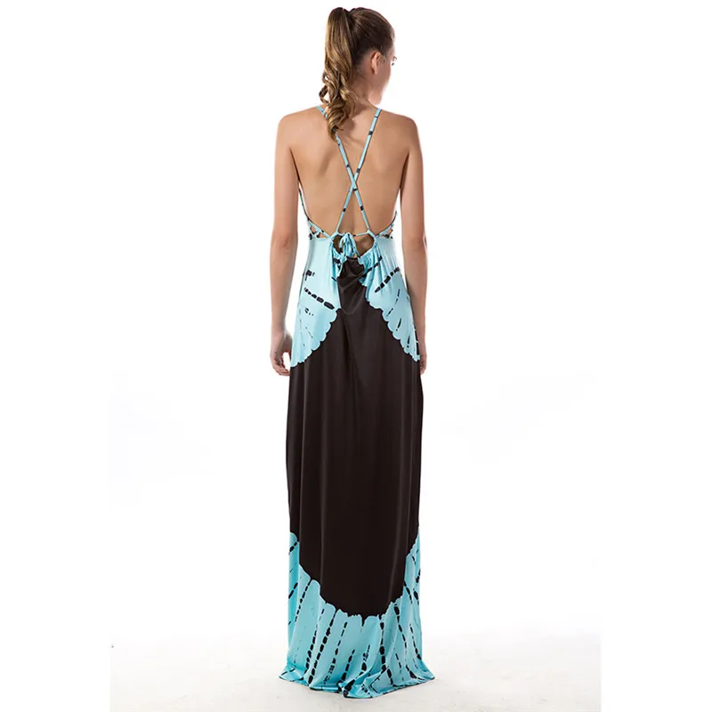 Синие летние пляжные Стиль Для женщин длинное платье Холтер v-образным вырезом Sexy