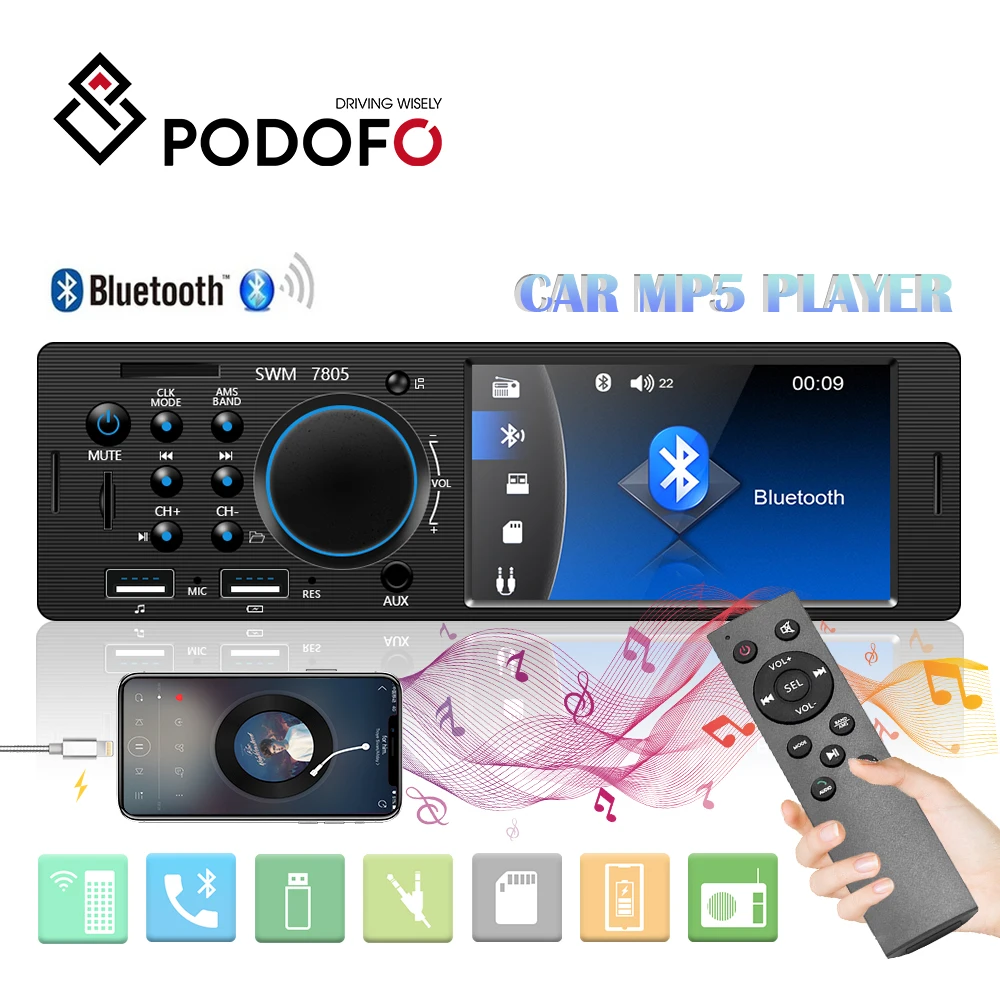 Podofo 7805 1 Din " дюймовый автомобильный Радио авторадио стерео Кассетный видео MP3 MP5 плеер FM радио автомобильный аудио Поддержка Камера заднего вида