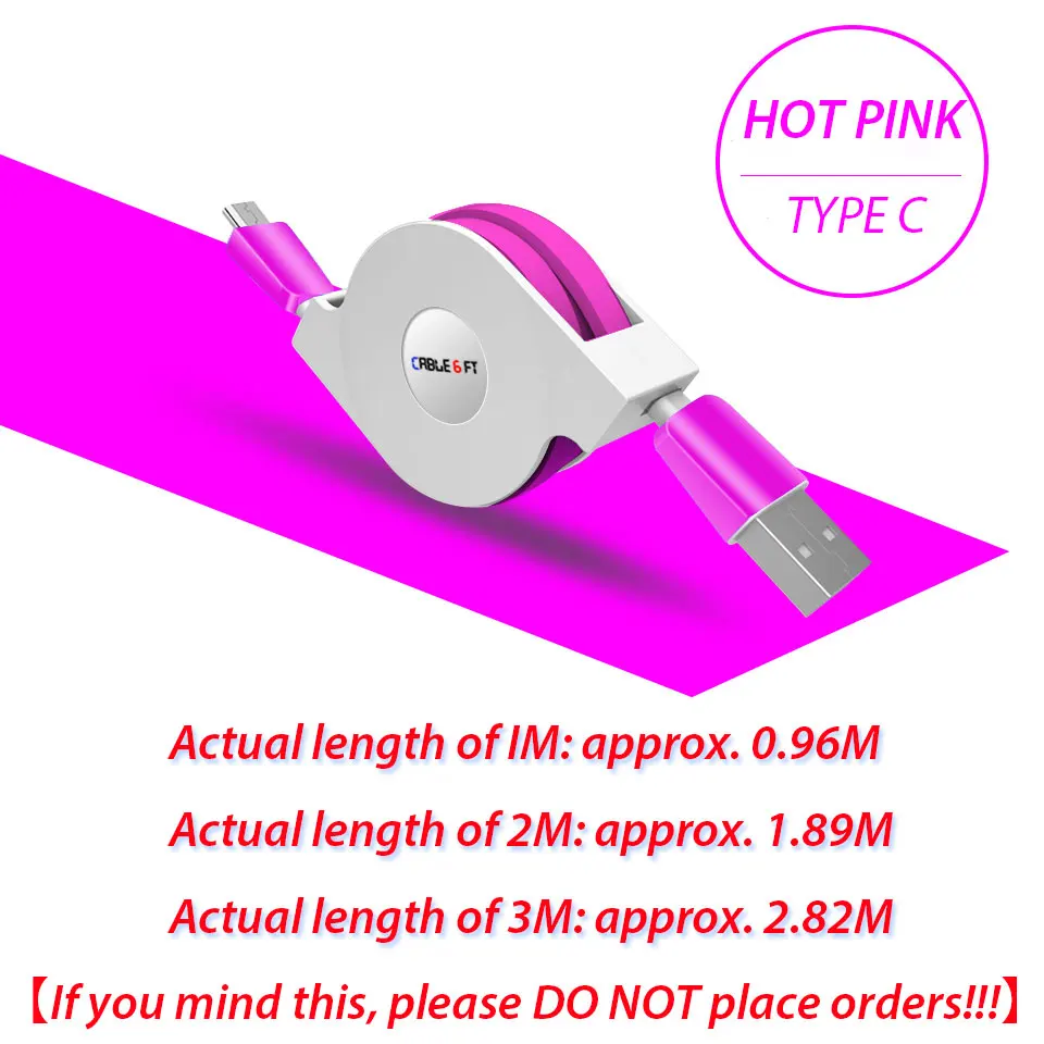 1/2/3 м Тип usb с выдвижным кабелем для Samsung Galaxy A3/A5/A7 S8 S9 плюс USB-C Портативный кабель для зарядки телефона Зарядное устройство - Тип штекера: hot pink cable
