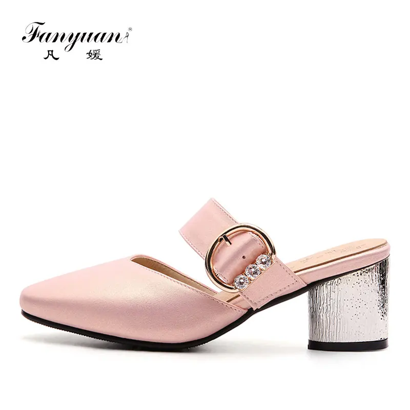 

Fanyuan female's Mule Slippers Summer Metal high Heels Slide Sandals Plus size Slip on Buckle Slippers lady Dress/Outdoor shoes