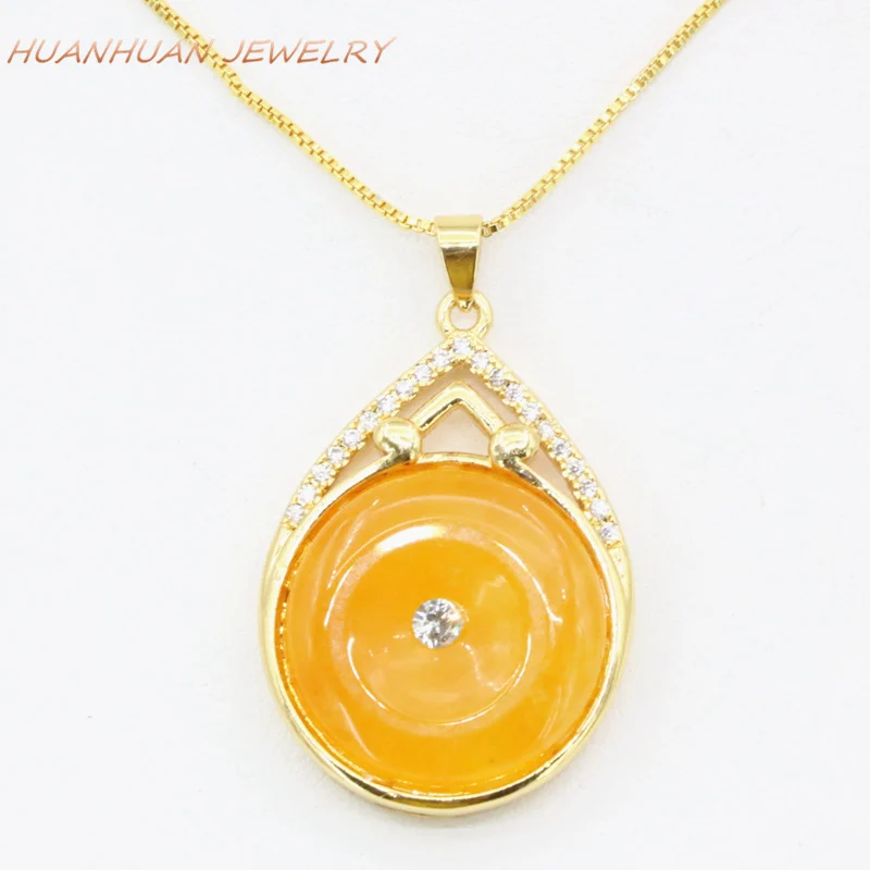 

Charms Stone Pendant Chain Round Circle Necklaces & Pendants 23X32mm Natural Jades Yellow Chalcedony Zircon Inlay Jewelry B3353