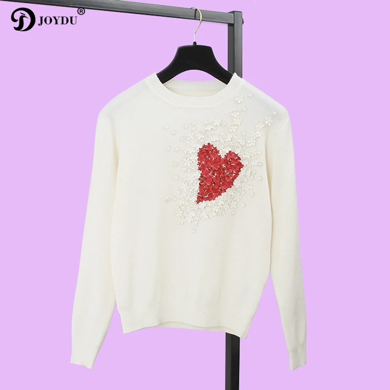 JOYDU Runway Design Sweater Women 2018 Long Sleeve Knit Pullover Heart Pattern Flower Beading Novelty Casual Jumper pull femme | Женская