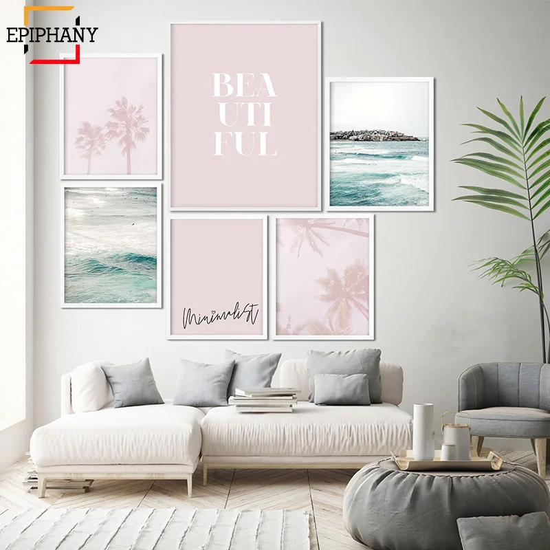 Modern Wall Art Canvas Painting Sea Beach Landscape Pink Palm Trees Minimalist Posters and Prints Pictures for Living Room|Рисование и