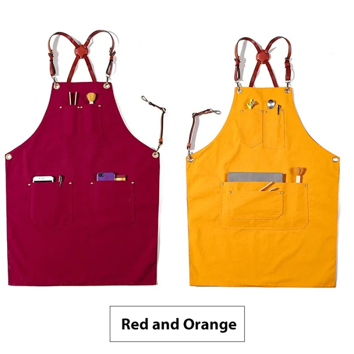 Red and Orange Denim Cowboy BBQ Apron Bib Leather Straps Kitchen Apron for Women Men Barber Cooking Restaurant Waitress Print Logo - Цвет: Red and Orange