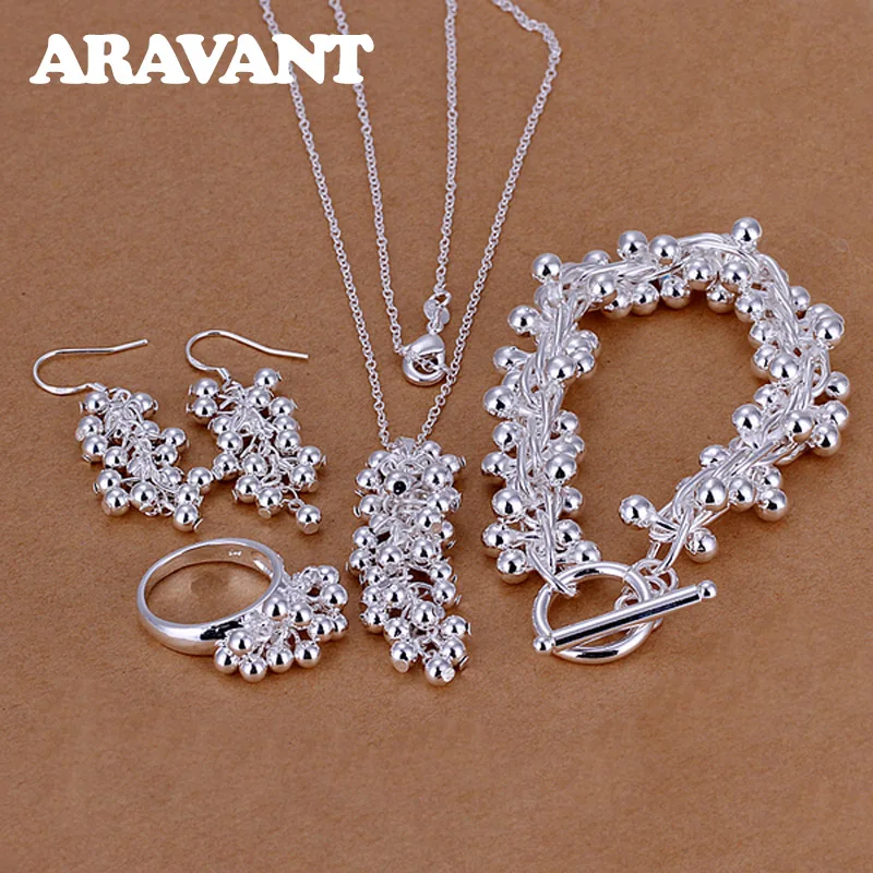

Hot Sale 925 Silver Jewelry Grapes Beads Pendants Necklace Drop Earring Rings Bracelets Fit For Women Fashion Jewelry Sets