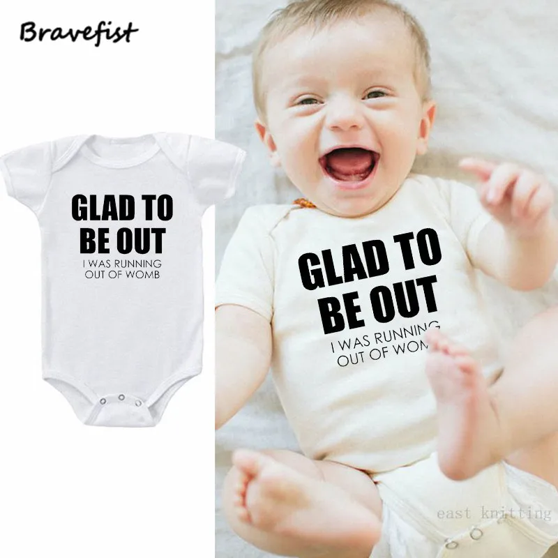 

2018 Summer Baby Boys Girls Clothes Newborn Bodysuits Glad To Be Out Letters Print White Children Clothes Clothing Kids Jumpsuit