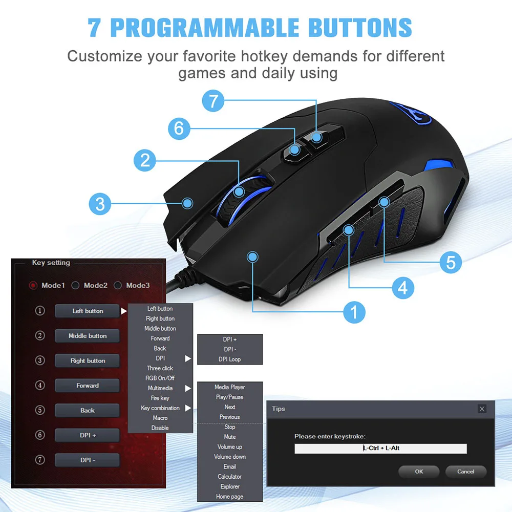 VicTsing PC034 игровая мышь Проводная 7200 dpi Регулируемая мышь 7 программируемых кнопок светодиодный Backli эргономичные USB Компьютерные Мыши для ПК
